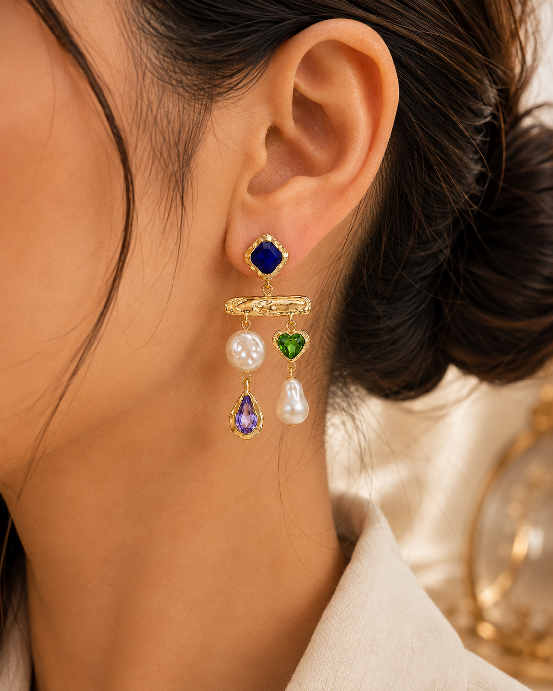 Beaten Finish Drop Pearl Dangler Earring - Image 2